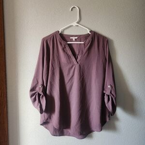Maurices Purple V-Neck Blouse with Roll-Tab Sleeves